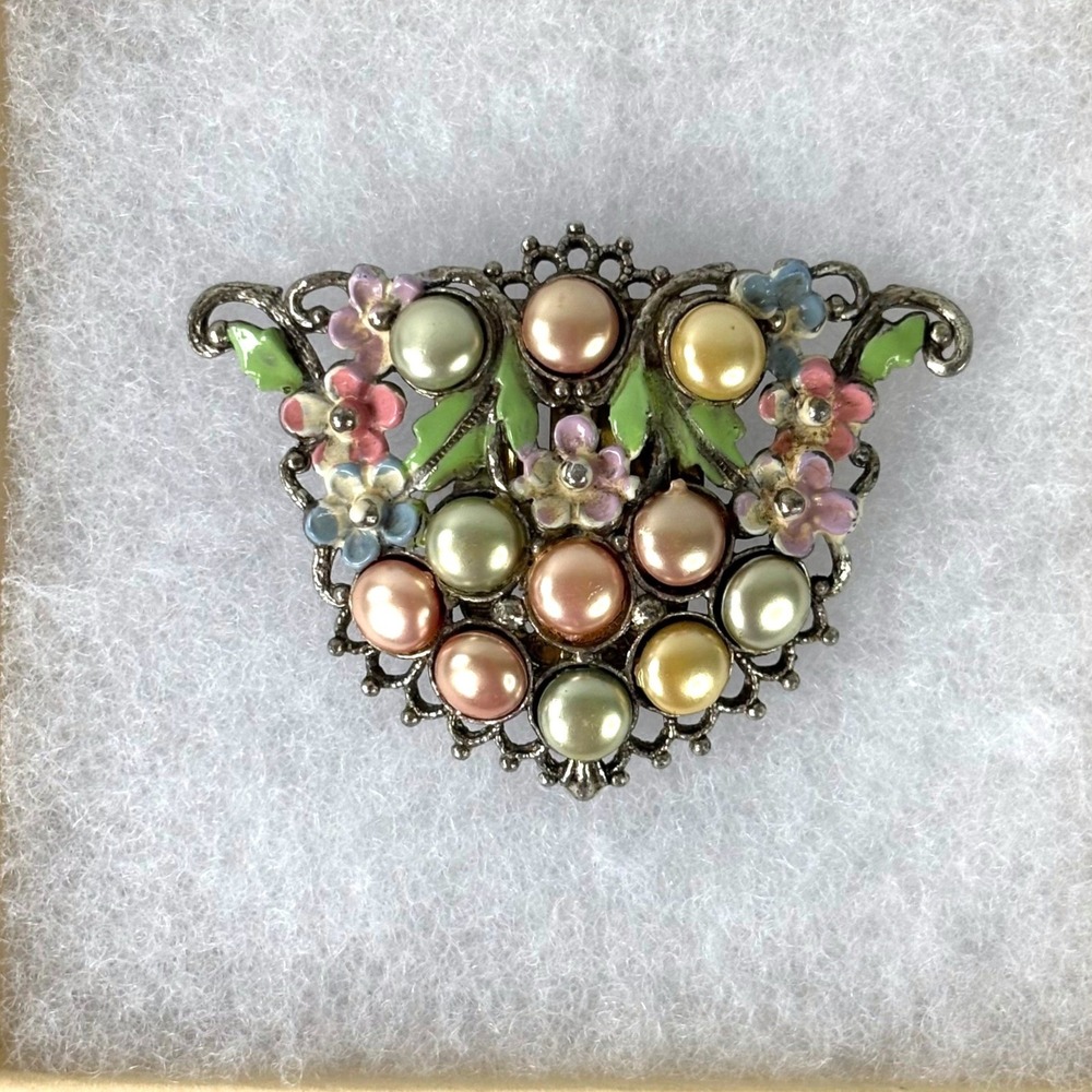 Vintage Pastel Faux Pearl Enamel Floral Filigree Dress Clip Silver Tone Art Deco